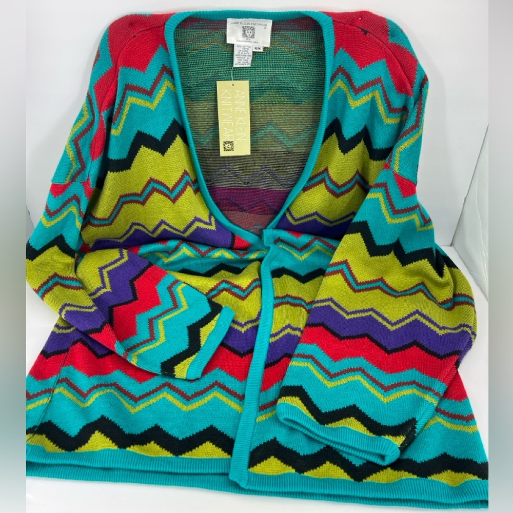 ANNE KLEIN KNITWEAR CARDIGAN 100% COTTON PEACOCK COMBO COLORS MEDIUM SIZE
